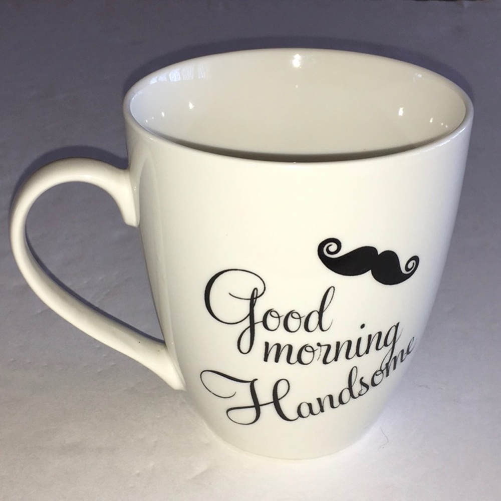 Good morning coffee cup drank mug mustache black and white
